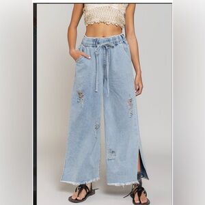 POL Light Wash Distressed Wide Leg Jeans